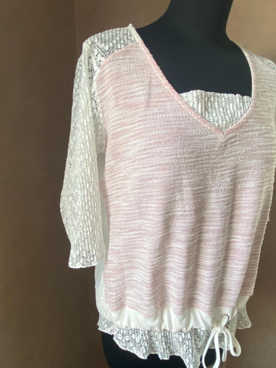 Blusa de doble tejido rosa pálido & blanco BRÉAL T38 – Encaje – photo 3